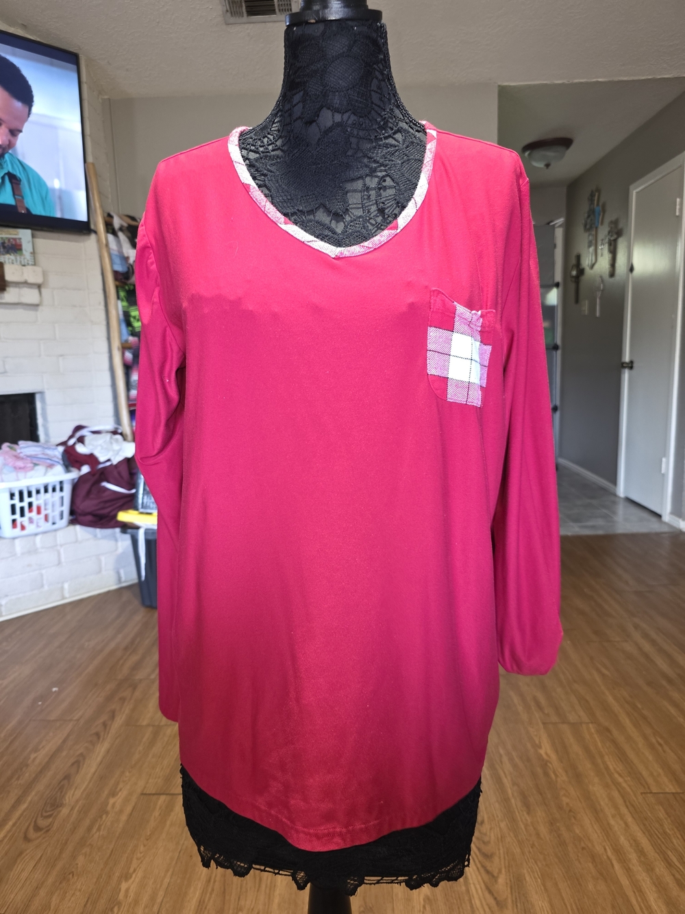 croft & barrow Red Pajama Long Sleeve V-Neck Top with Plaid Pocket Trim